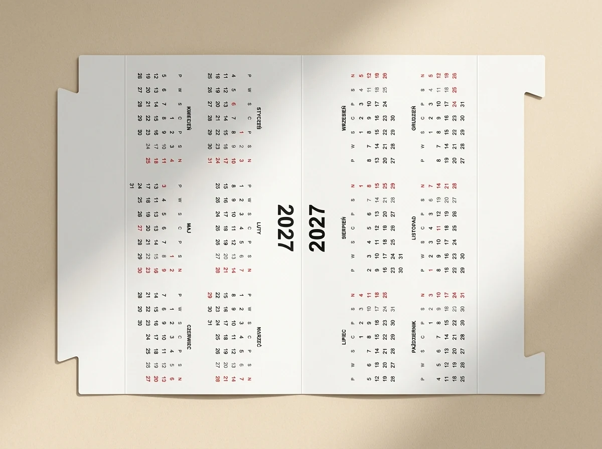 Flacher Bogen vor dem Falten — Stanzform mit Schnappverschluss und Rillungen, Kalendarium 2027 mit 6 Monaten je Wand