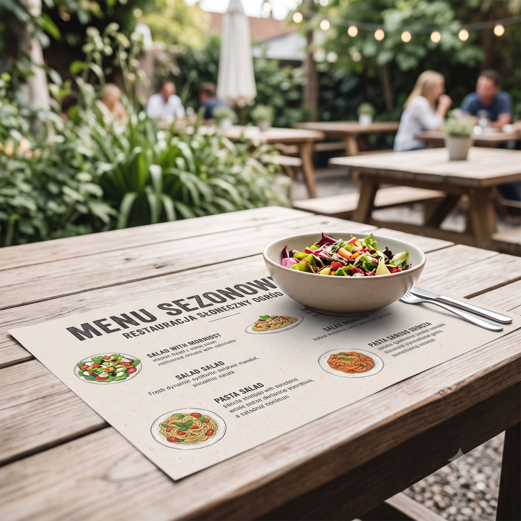ogródek restauracyjny na stoliku lezy menu w pormie podkładki sztućce i sałatka