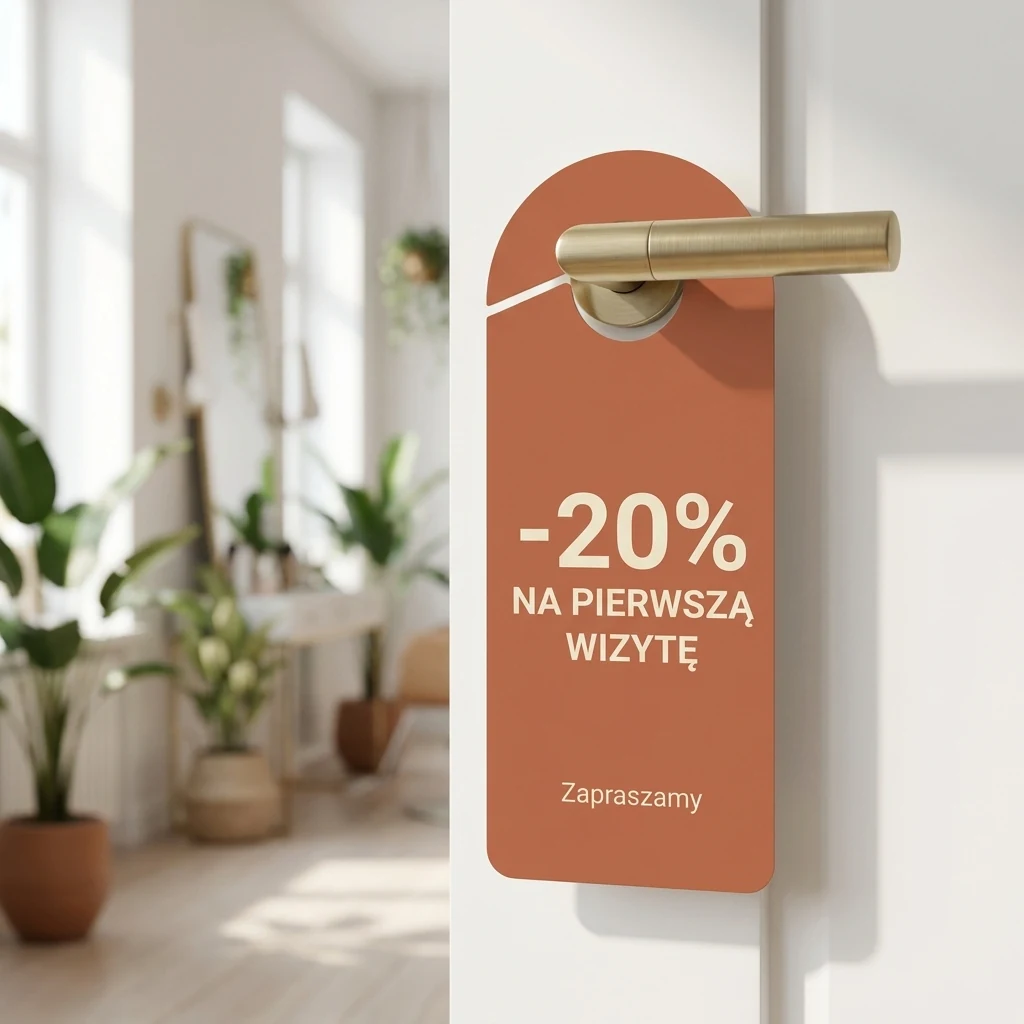 Terracotta door hanger with a -20% first visit promotion