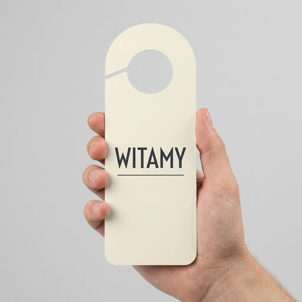 Door hanger in 75 x 210 mm format held in a hand, cream colour, reading WELCOME