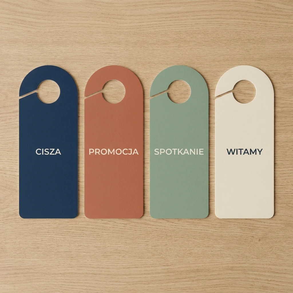 Four door hangers in a flat lay: QUIET, PROMOTION, MEETING, WELCOME
