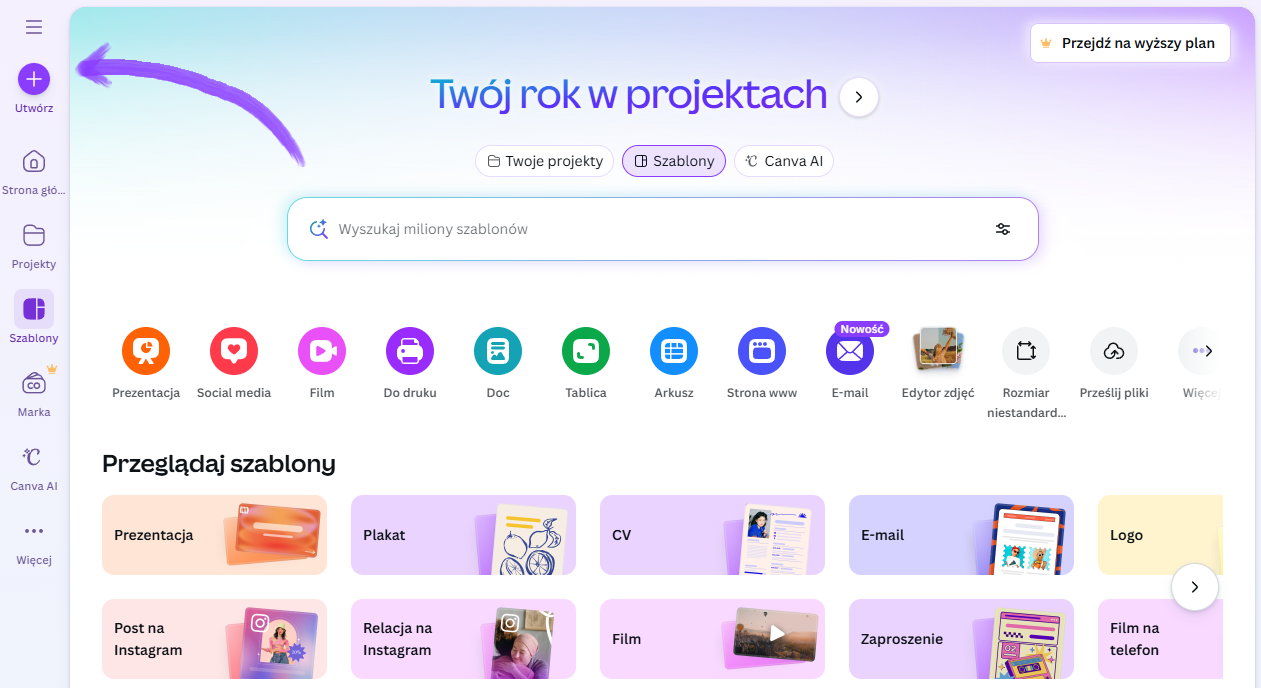 Canva nowy projekt