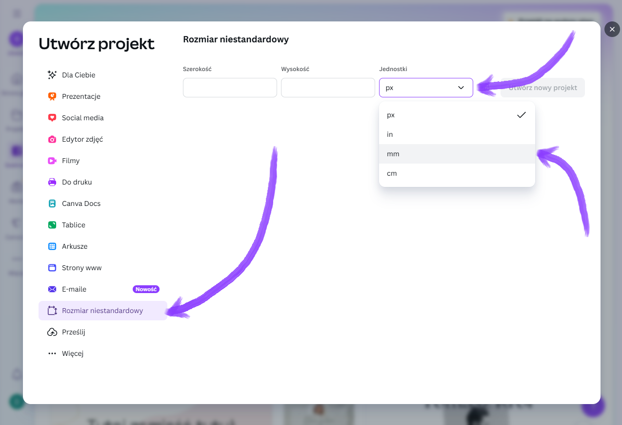 Canva wymiar niestandardowy i jednostka miary