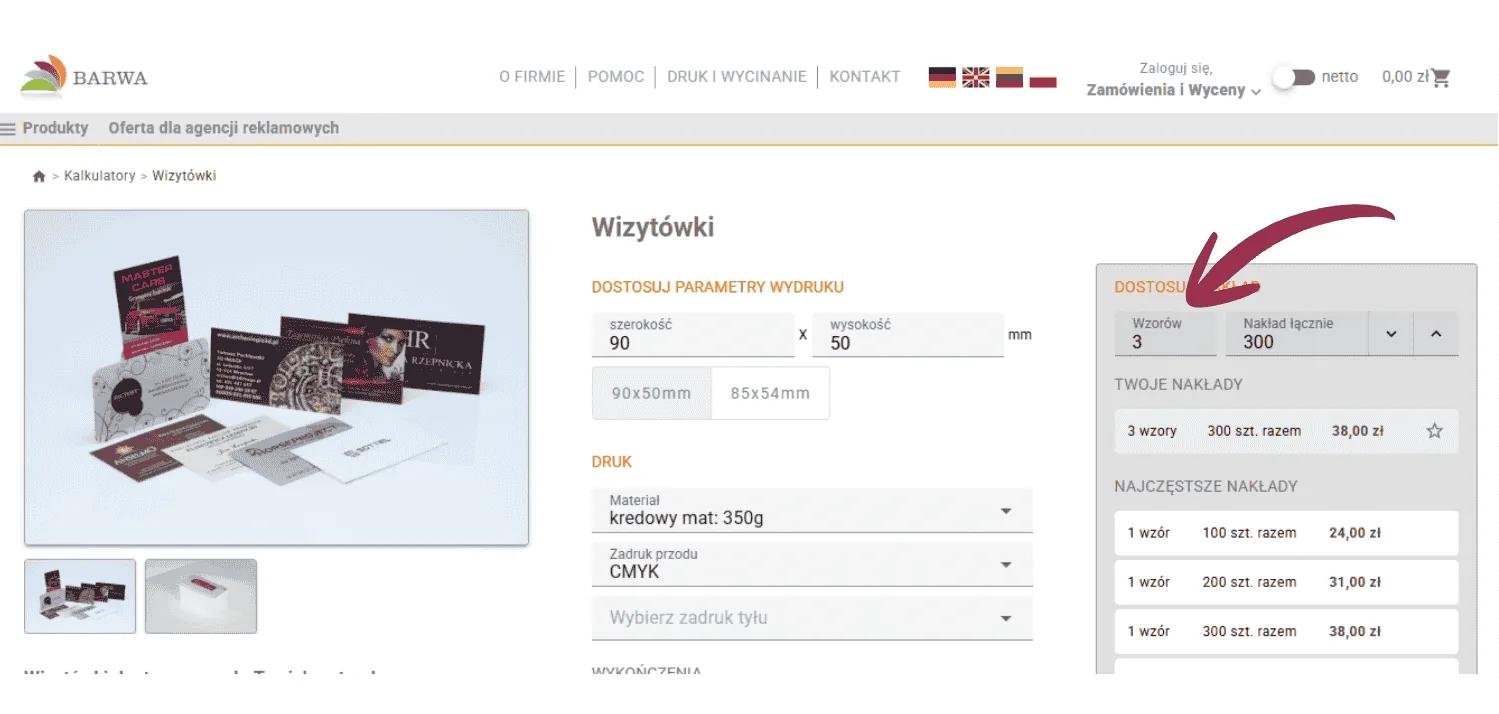 kalkulator wizyt&oacute;wek BARWA fioletowa strzałka pokazuje pole z ilością wzor&oacute;w