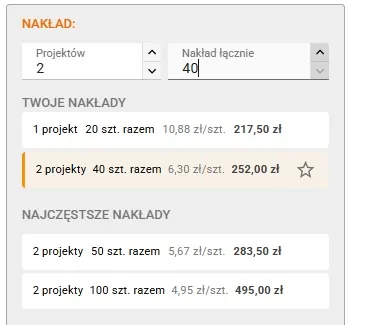 przykladowa tabela cenowa kalkulatora kalendarzy widoczne pole do wpisania liczby projektów oraz ilości poniżej ostatnio kalkulowane warianty i naj częstrze nakłady